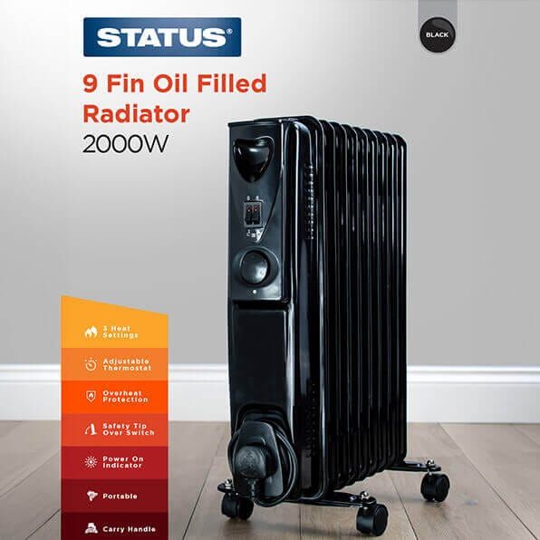 Status 2000W 9 Fin Oil Filled Radiator Black