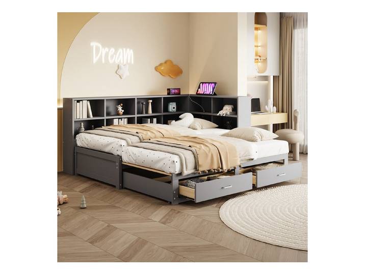 OKWISH Schlafsofa Kinderbett Funktionsbett, 90/180x190cm mit Ausziehbett, Steckdose & Stauraum, ohne Matratze
