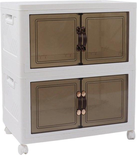 Opvouwbare en stapelbare opbergboxen met deksel voor de slaapkamer, badkamer of keuken, wit en transparant