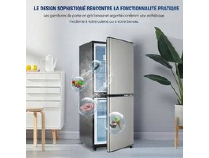 Mini Réfrigérateur 2 Portes 106L avec Congélateur 46L Petit Frigo Silencieux 45dB Thermostat 7 Niveaux Argenté 42.5x44.5x102cm