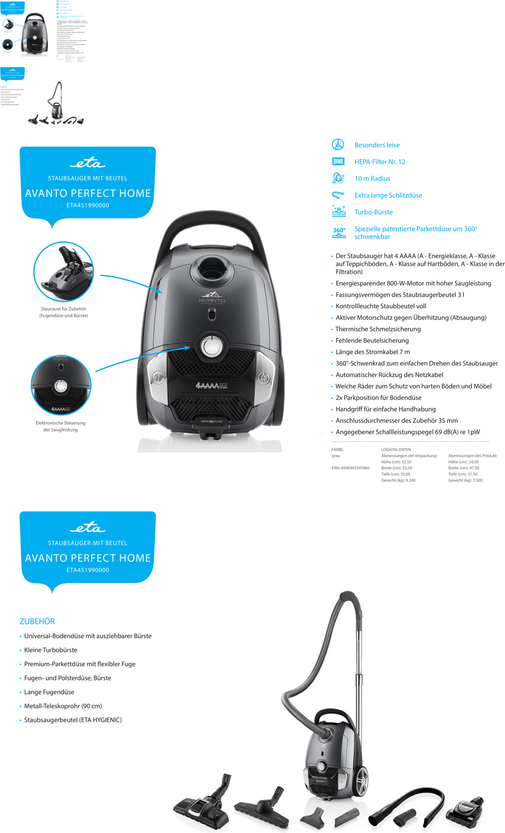 Bodenstaubsauger mit Beutel ETA Avanto Perfect Home, 800 W, ECO-Motor, hochwertiger HEPA-Filterung Nr. 12, Elektronische Saugregulierung und umfangreiches Zubehöhr