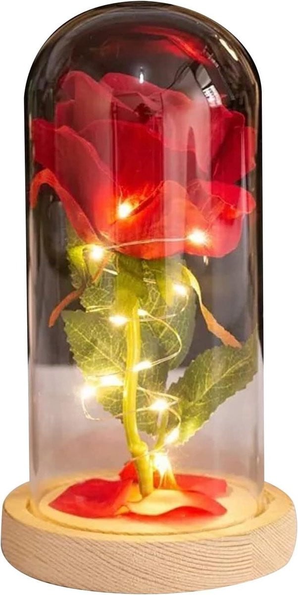 Rode zijden roos decoratie met LED verlichting, 21 cm hoog
