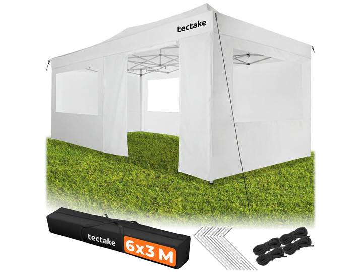 Pavillon pliable Viola 3 x 6 m, aluminium, 6 panneaux latéraux - blanc