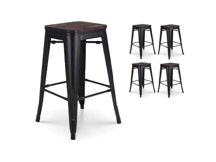 Kosmi Barhocker aus Metall, Schwarz, matt, Industriestil und Sitzfläche aus dunklem Holz, Höhe 66 cm, 4 Stück