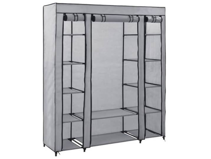 smnyxs Schrank mit Fächern und Stangen, grau, 150 x 45 x 176 cm, Stoff Aufbewahrung von Kleidung und Schuhen, Vliesstoff, Eisenrohre, Rolldeckel, faltbar, platzsparend