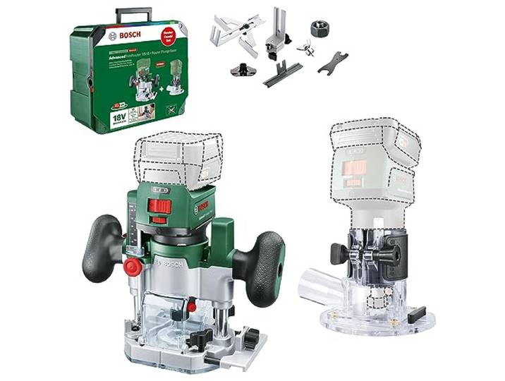 Bosch Home and Garden Défonceuse plongeante/de coupe 2en1 sans fil Défonceuse AdvancedTrimRouter 18V-8 (pour les bords\, fentes\, motifs créatifs ; 2 bases\, accessoires\, boîte de rangement)