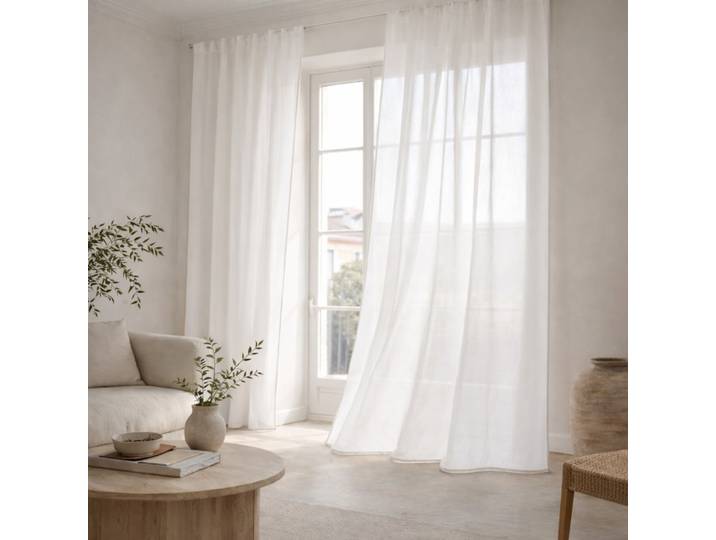 Voilage à passants (x2) voile de coton bio 140x260 blanc & grège