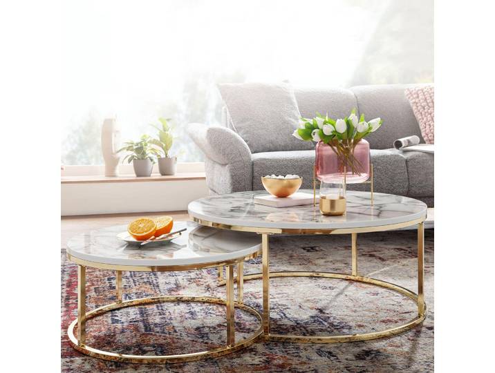 Lot de 2 tables basses FineBuy\, aspect marbre blanc et doré\, tables rondes modernes\, tables d'appoint\, ensemble de 2 tables rondes en métal\, tables de salon design\, ensemble de tables