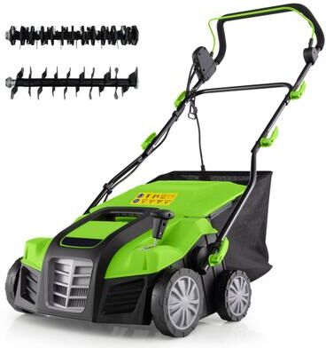 Costway 16-Inch Electric Lawn Dethatcher and Scarifier with Collection Bag-Green