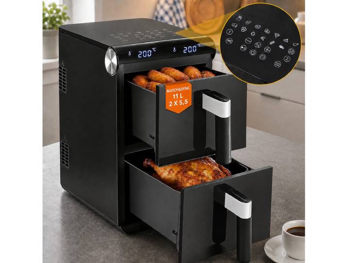 Ledklang Heißluftfritteuse 2 unabhängige Kammern 10/11L XXL Air fryer 13-in-1 Programm, 2800 W, getrennter Temperatur Zeiteinstellung für Beilagen gleichzeitig
