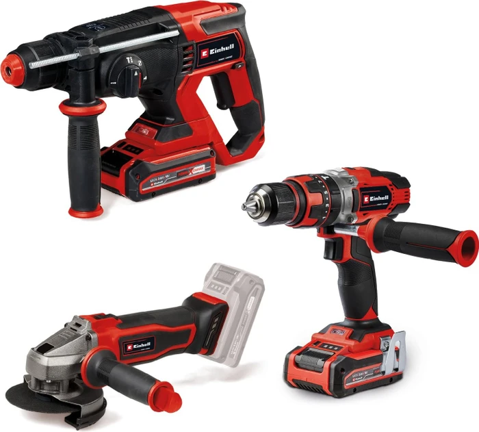 EINHELL Werkzeugset AKU TE-TK 18/3 Li (Winkelschleifer, Bohrmaschine, Hammer, 2 × 3,0 Ah), 4257242