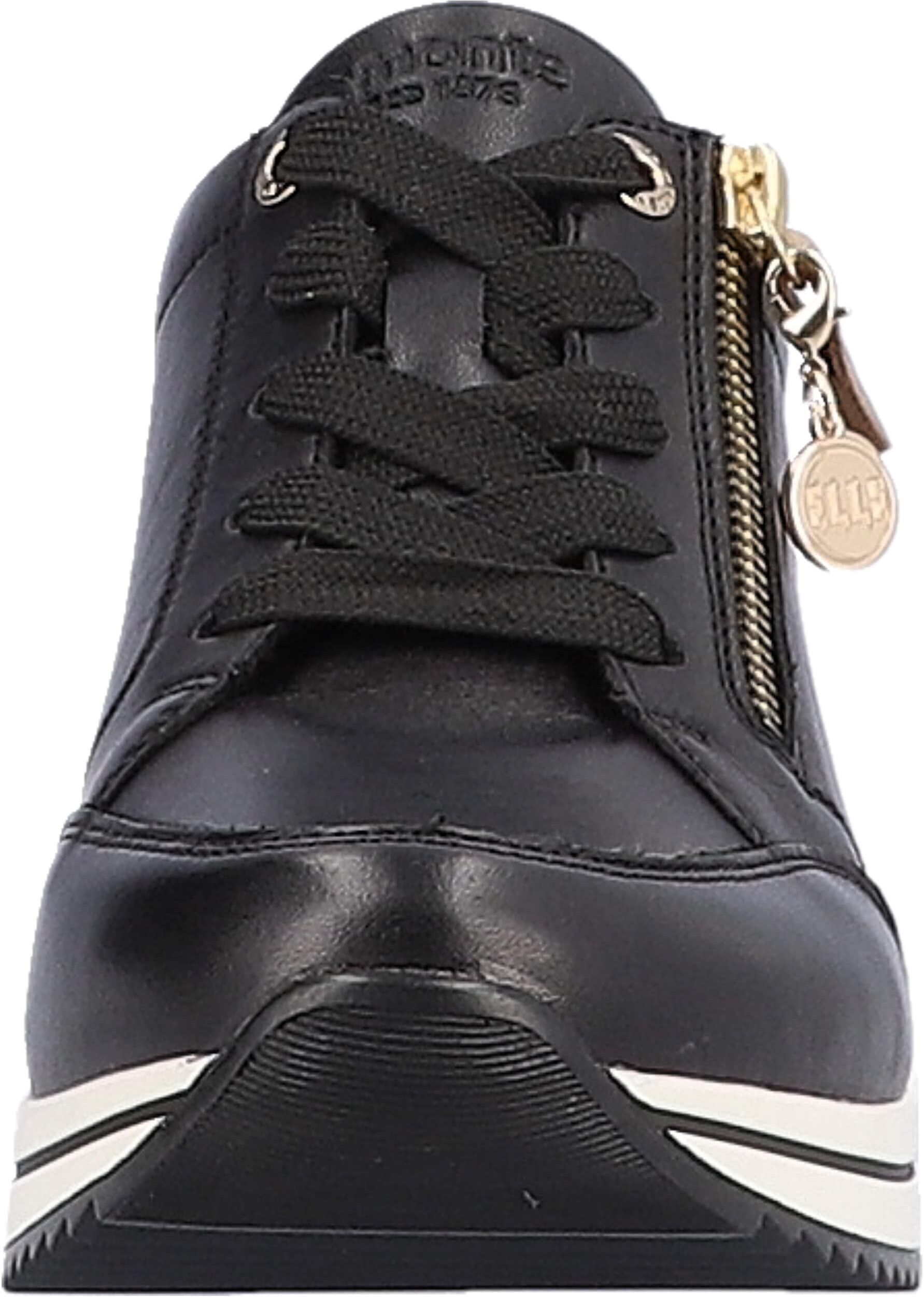 Keilsneaker REMONTE, Damen, Gr. 42, Textil, schwarz (schwarz, gold sohle weiß), Leder, Lederimitat, Schuhe Keilsneaker, Freizeitschuh, Halbschuh, Schnürschuh mit Rieker TEX-Membran schwarz, gold sohle weiß 42, Textil