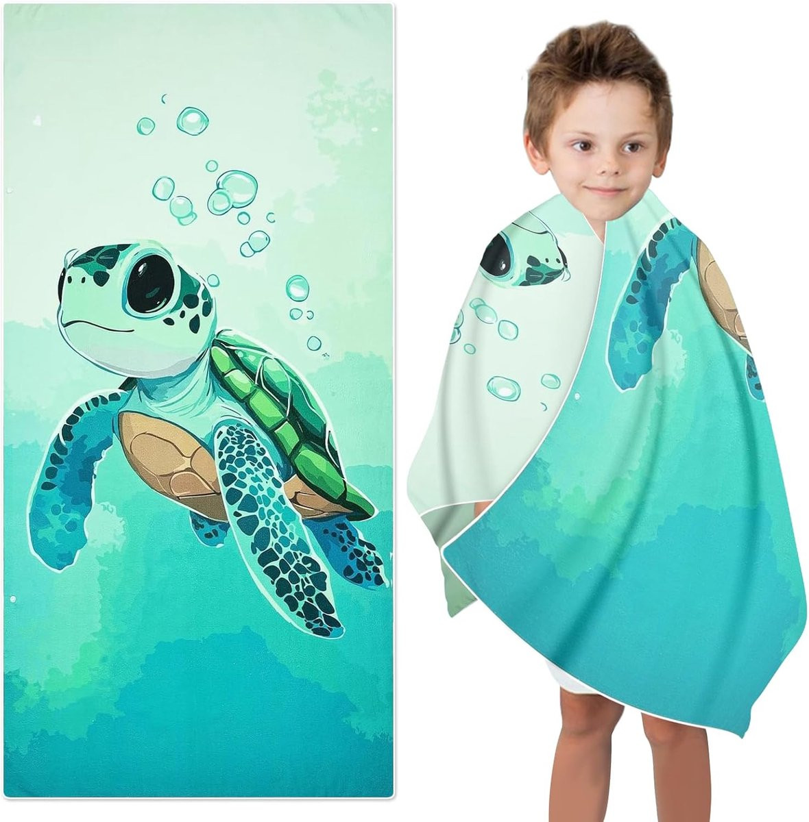 Absorberende kinderstrandhanddoek met zeeschildpad, B/D: 70 x 140 cm