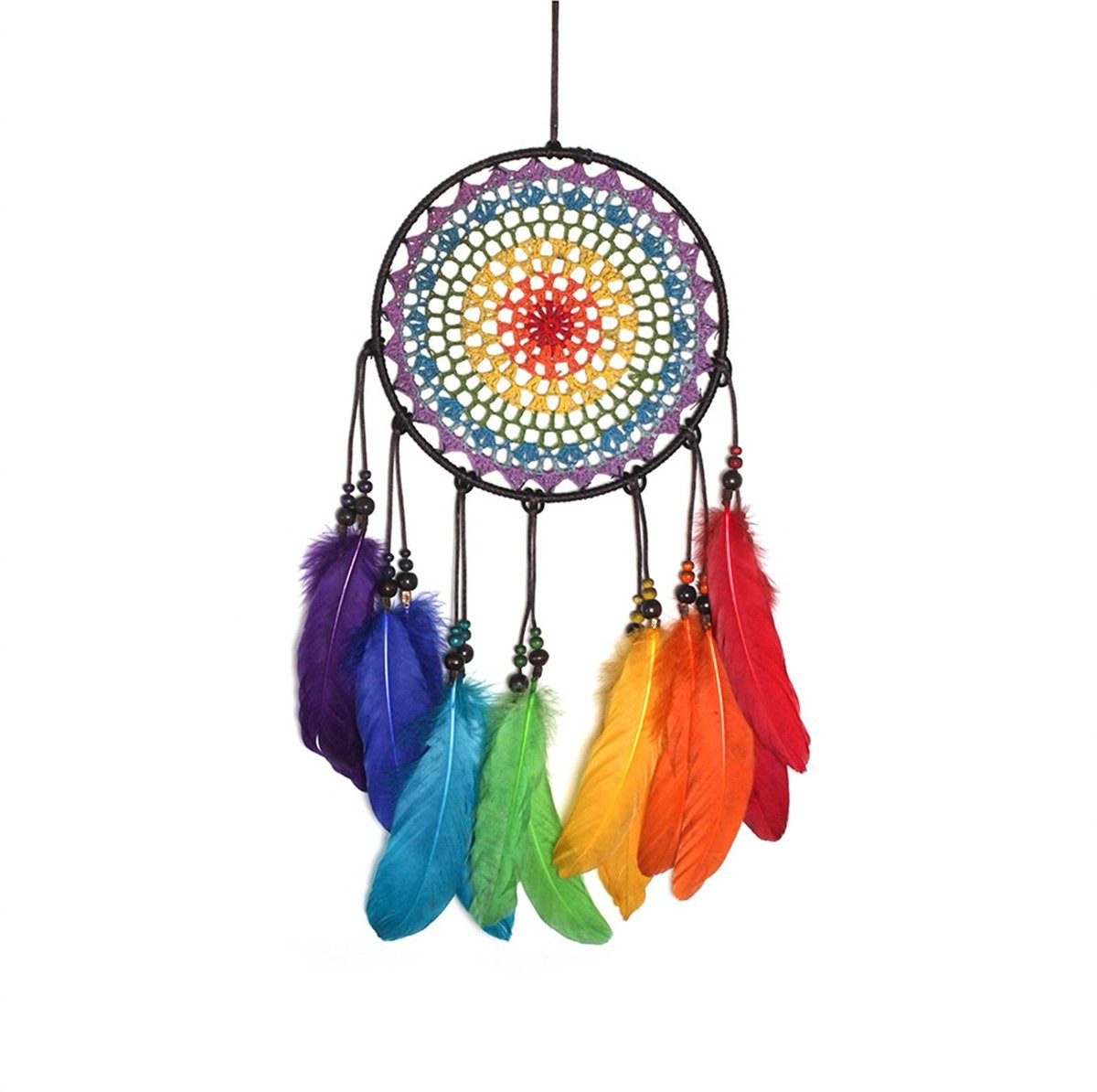 Handgemaakte Dream Catcher met kleurrijke veertjes in regenboogkleuren voor bohemian wanddecoratie