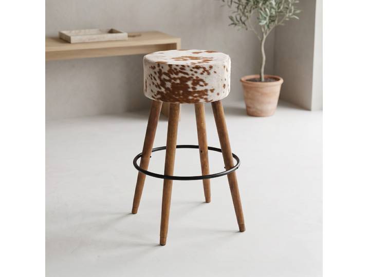 Tabouret de bar en bois et assise en peau de vache naturelle - Ranch