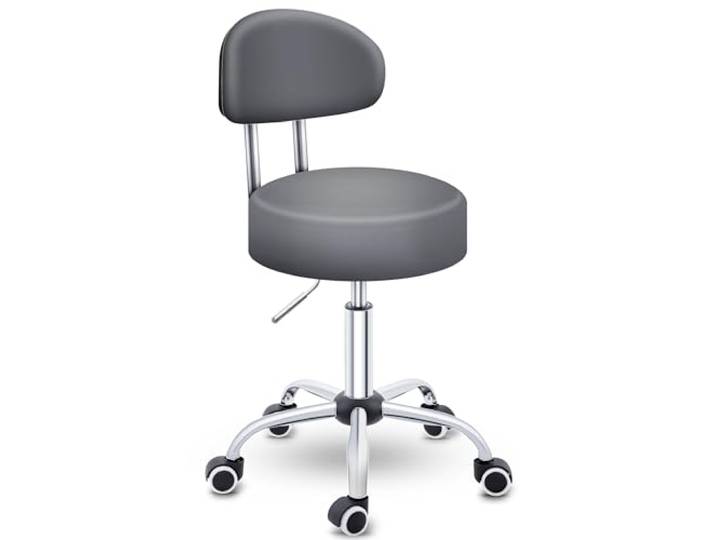 TRESKO® Rolkruk met leuning grijs Werkkruk in hoogte verstelbaar 47-60 cm Draaikruk met wieltjes Bureaustoel kruk draaistoel visagiekruk