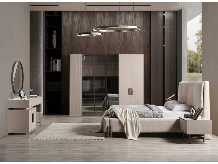 JVmoebel Schlafzimmer-Set JVMoebel Designer Schlafzimmer-Set in hellem Holzton, (5-tlg), Made in Europa