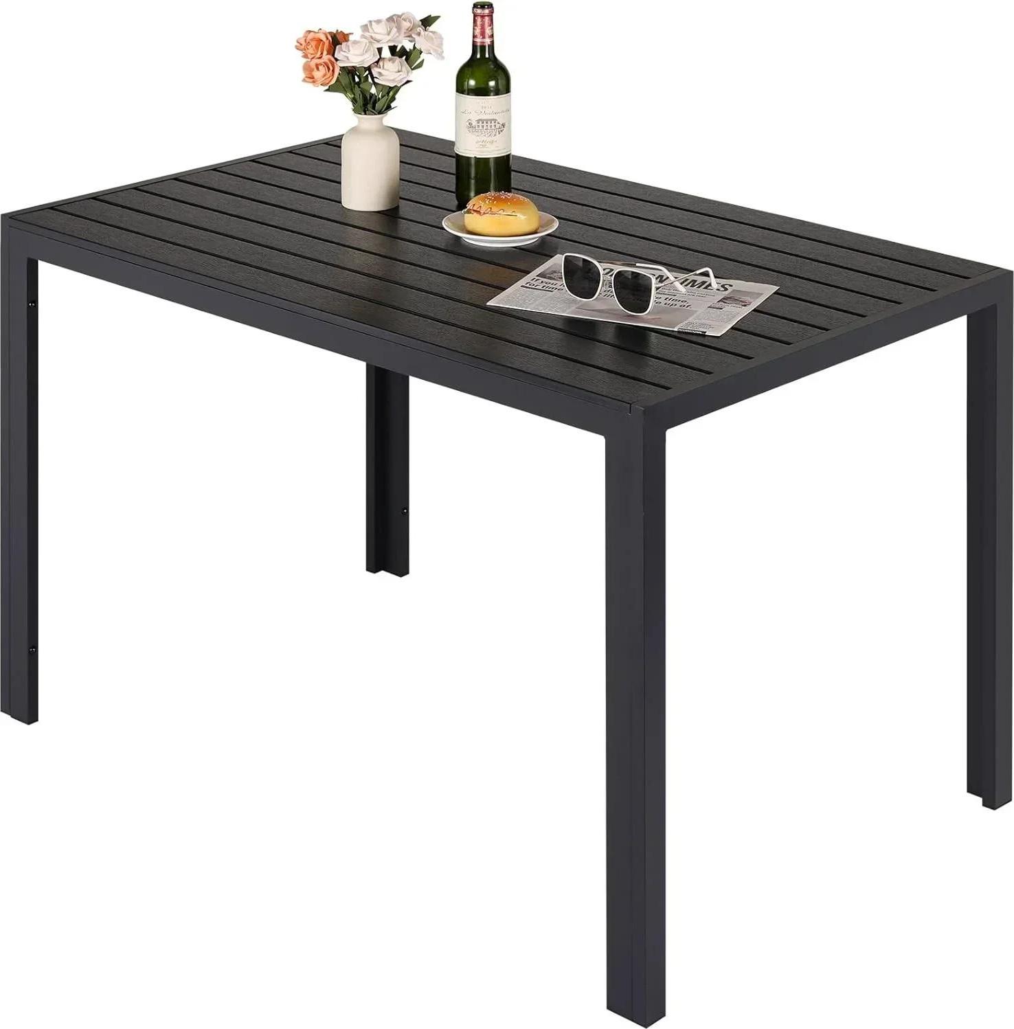 Aluminium Gartentisch Outdoor - Rechteckiger Terrassen-Esstisch 110x70x73 cm - Latten-Tischplatte - Für 6 Personen - Wetterfest - Schwarz 6,5x10 cm Lamellen