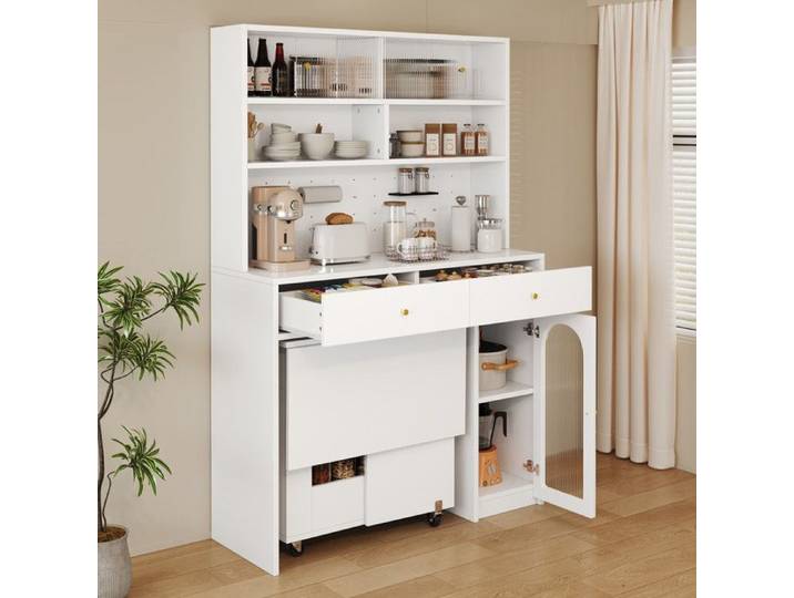 Buffet cuisine LUSCRIATE Avec plan de travail et Portes et Tiroirs multiples compartiments de Rangement 120×45×180cm Blanc
