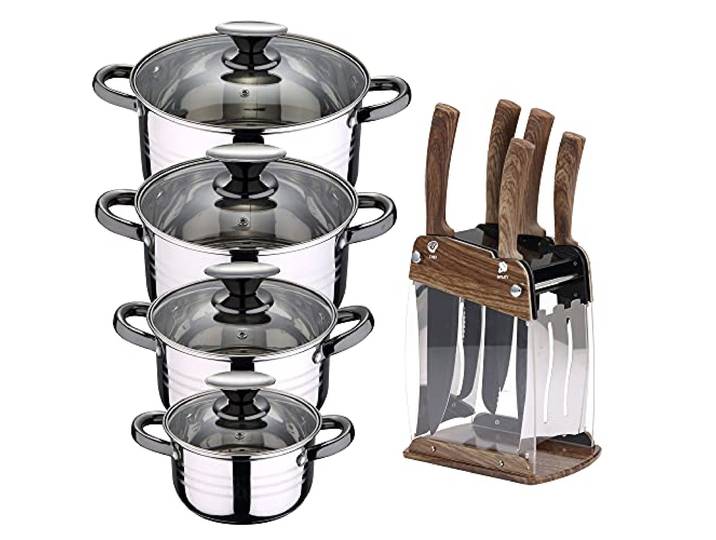 San Ignacio Hita PK3224 Kochgeschirr-Set, 8-teilig, induktionsgeeignet, Edelstahl, mit 6 Messern aus Edelstahl mit Tacoma