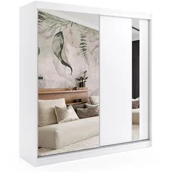 KLEIDERSCHRANK mit Spiegel-Schiebetüren und Aluminium-Leisten, LED-Beleuchtung - GRACE - 200 cm Weiß