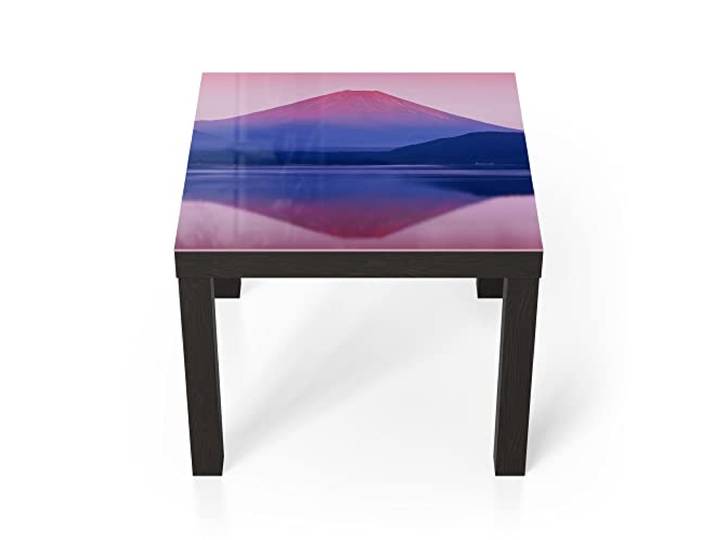 DEQORI Glastisch schwarz klein 55x55 cm Motiv See Motosu und Mt. Fuji ausgefallener Beistelltisch aus Glas Hochglanz Couchtisch fürs Wohnzimmer moderner Couch Tisch mit Design