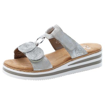 Pantolette RIEKER, Damen, Gr. 38, silber (silberfarben), Lederimitat, metallic, Schuhe Pantolette, Keilabsatz, Sommerschuh, Schlappen für den Sommer