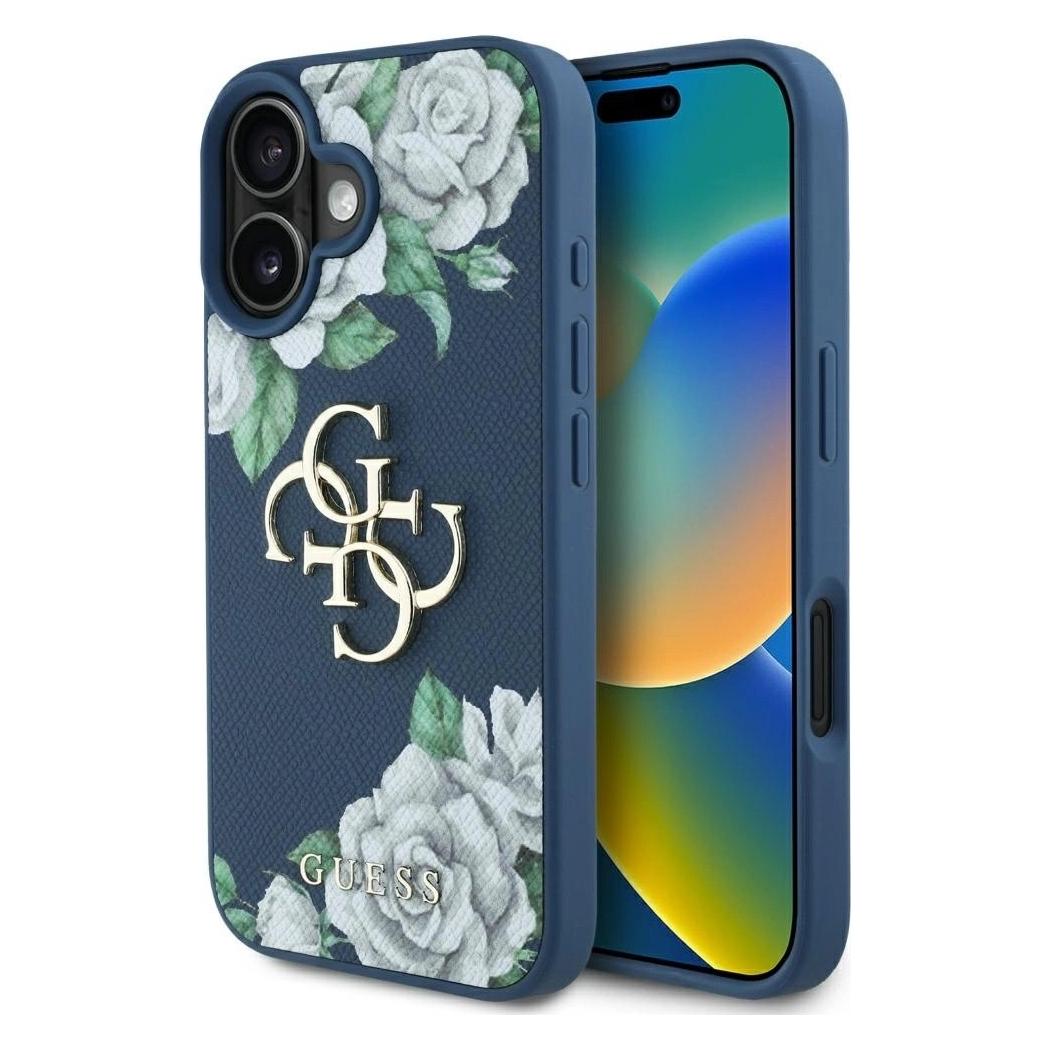Guess Case Grained Roses Big 4G logo for iPhone 16 blue (Apple iPhone 16) (GUHCP16SPGROP4MB)