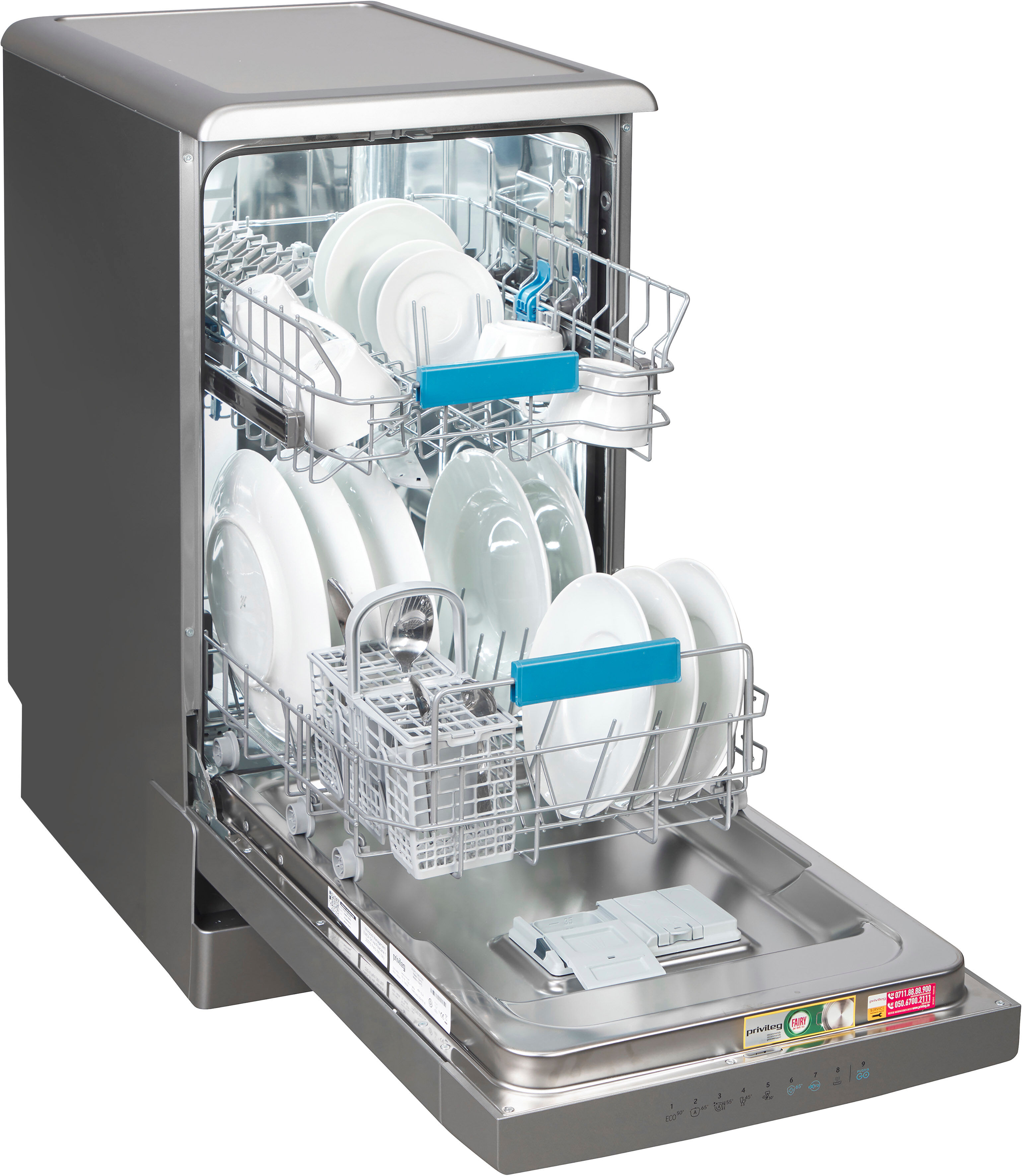 PRIVILEG Standgeschirrspüler "PV2FC10BS7A0S", Energieeffizienz: C, silber, B:45cm H:85cm T:59cm, Geschirrspüler, Rapid 30 Min. – schnelles Spülprogramm in nur 30 Minuten., Standgeschirrspüler