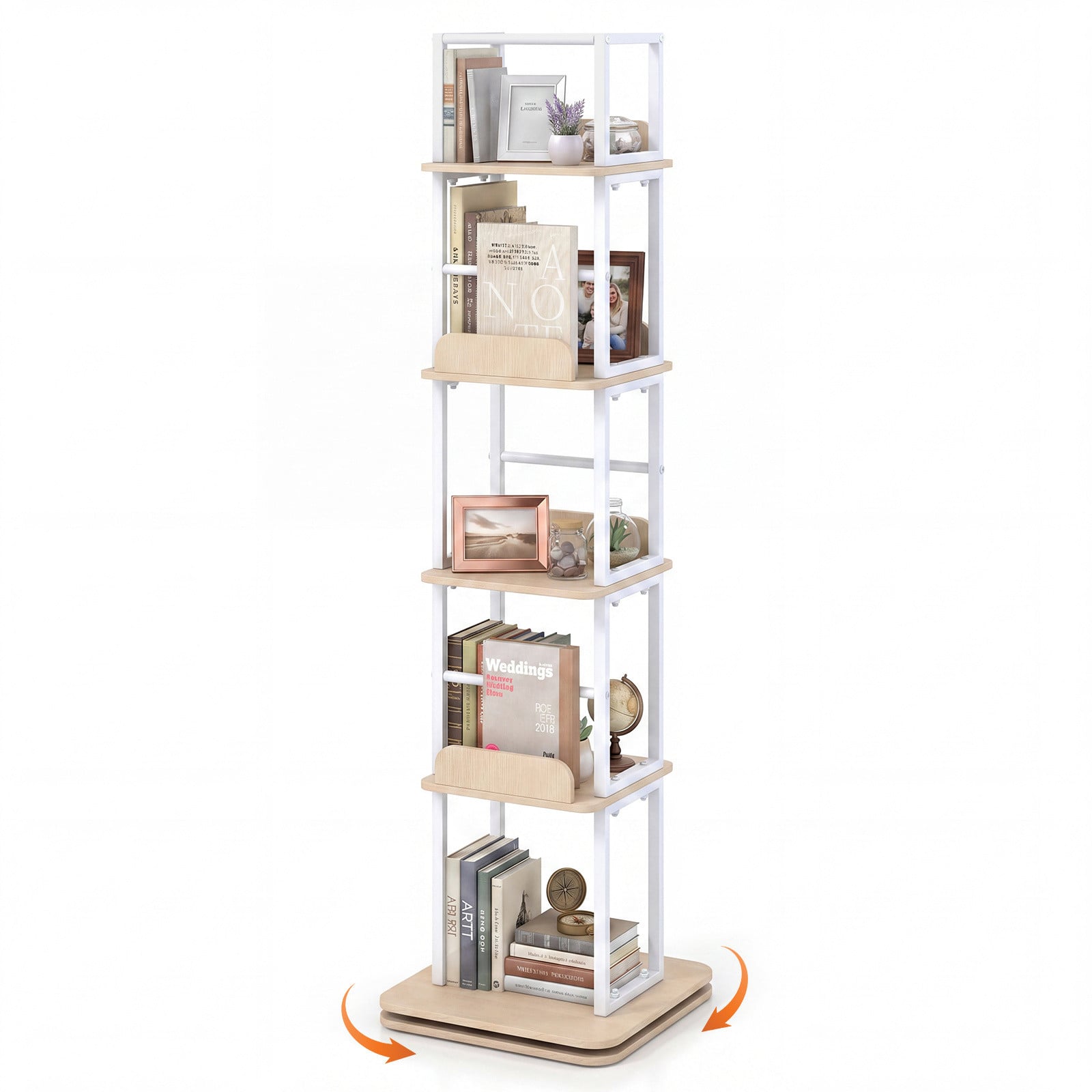Costway 360 graden draaibare boekenkast met 5 open niveaus en metalen frame