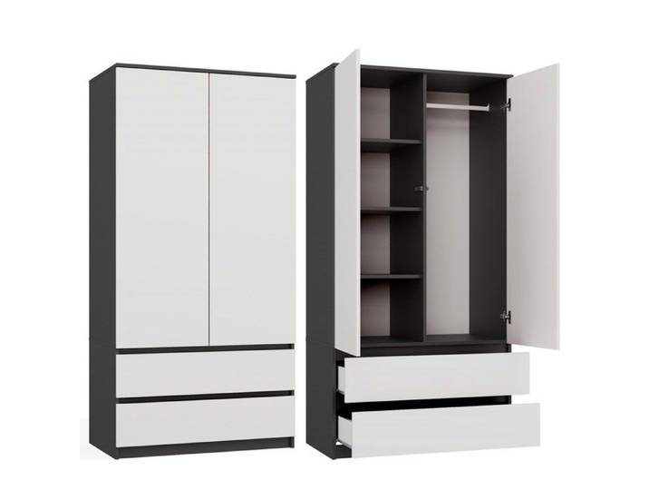 TURIN - Armoire de chambre - Penderie multifonctions - 2 portes + 2 tiroirs - Dressing - Anthracite et Blanc