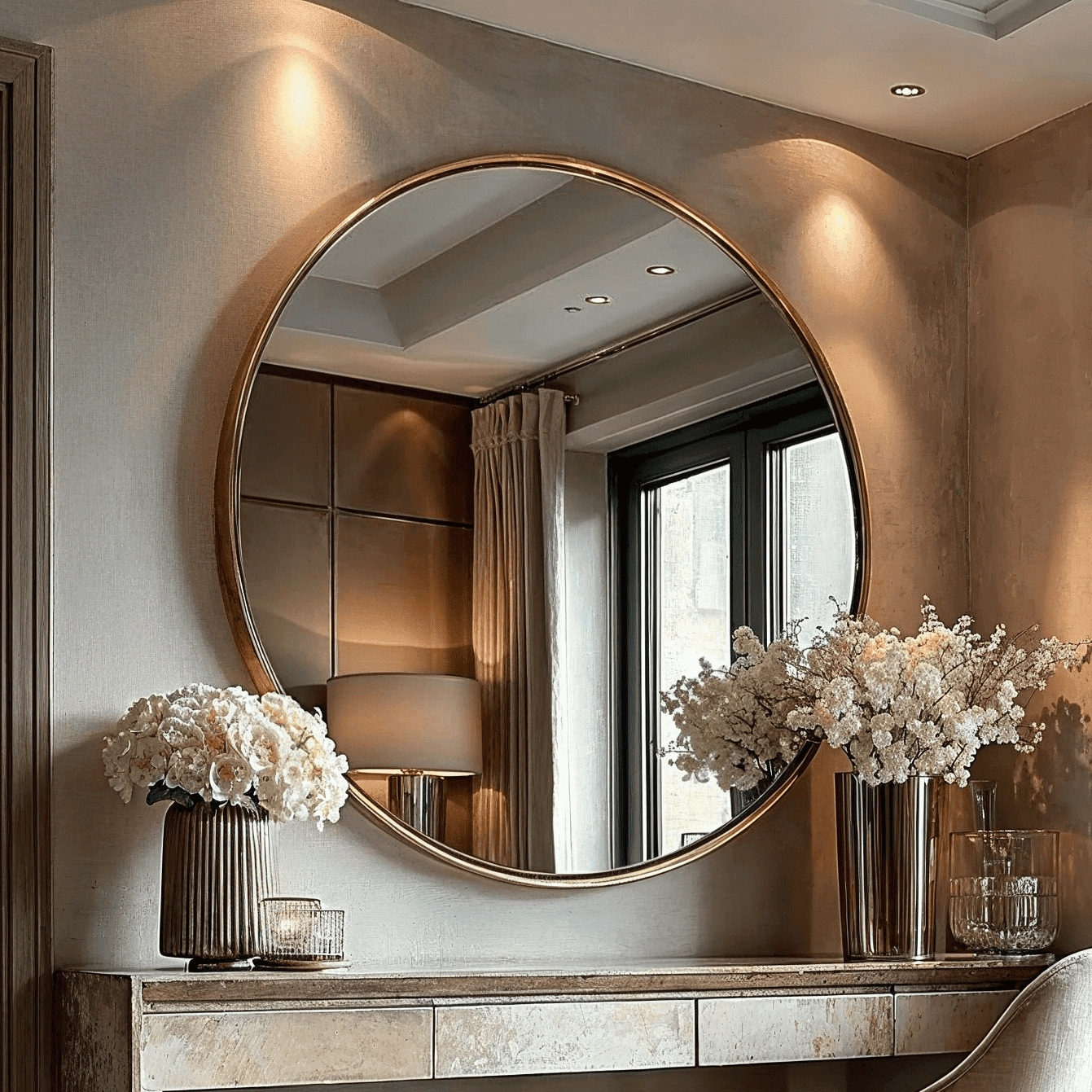 Claudia Brushed Gold Large Slim Frame Round Wall Mirror