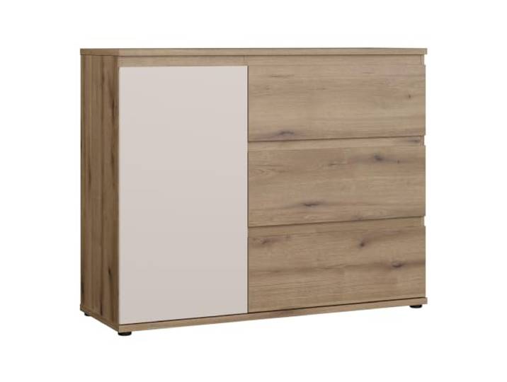 Forte Collet Kommode 110 120, Geradlinie Kommode mit Two-Tone Front, 3 Schubladen, 1 Tür, Holzwerkstoff, Evoke Eiche Holzdekor/Kaschmir Beige, 115,7 cm breit x 92,7 cm hoch x 41,3 cm tief