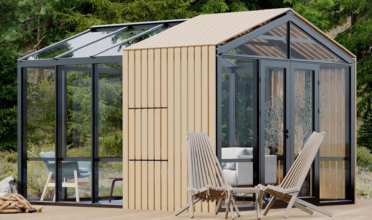 Casa Padrino Luxus Gartenhaus Schwarz / Beige 400 x 300 x H. 276,2 cm - Massivholz Garten Haus mit Glasfenstern und Glastüren - Gewächshaus - Luxus Gartenhäuser - Luxus Gewächshäuser