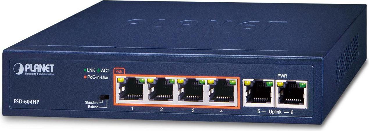 Planet Technology Corp. FSD-604HP 4-Port 10/100TX 802.3at PoE + 2-Port 10/100TX Switch (60W)