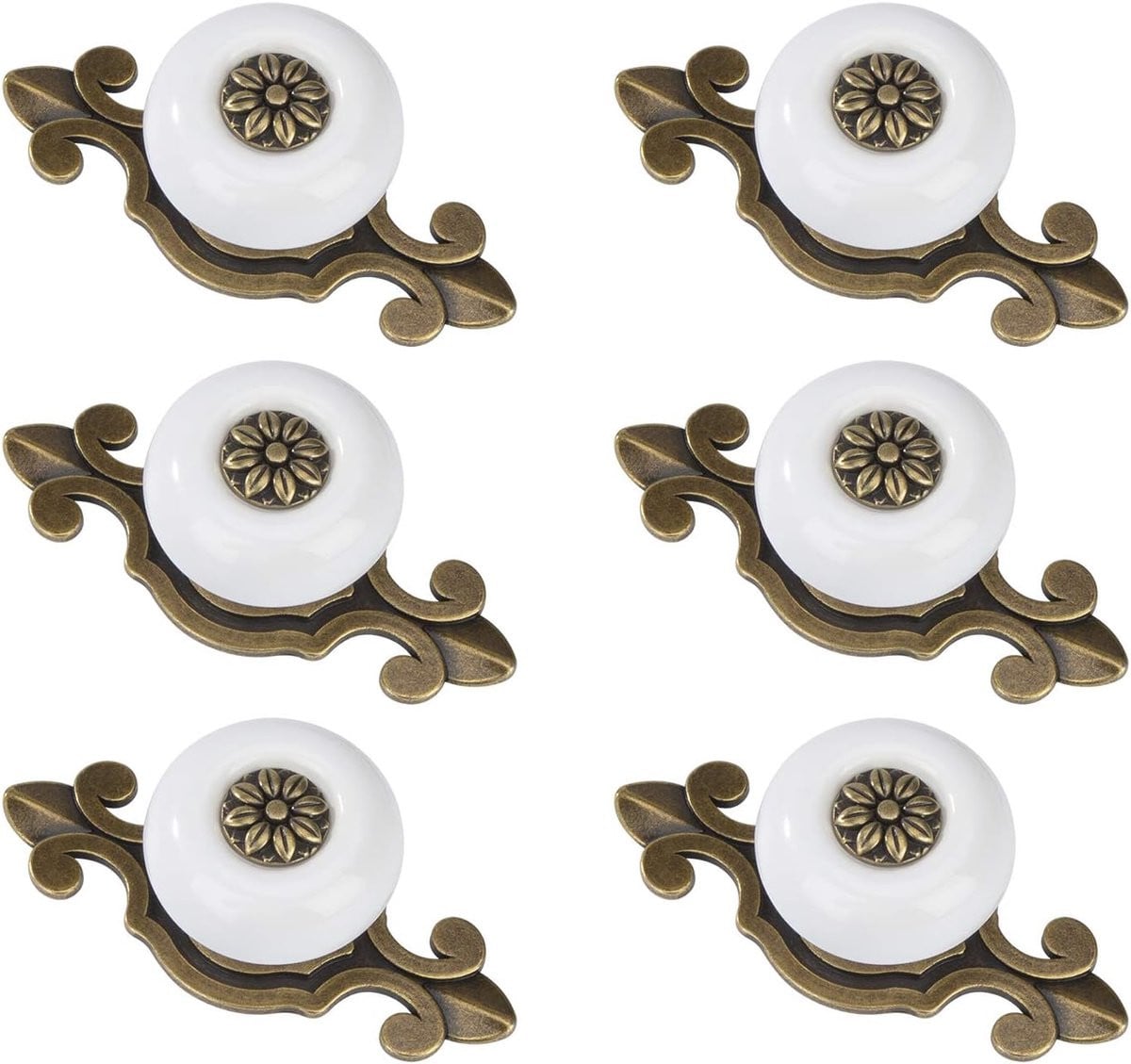 Set van 6 Vintage Keramische Kastknoppen - Koper & Wit - Voor Keuken en Meubels