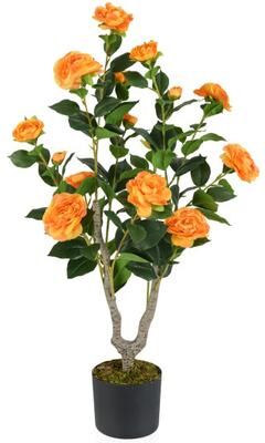Costway 36 Inch Artificial Camellia Tree with Blooming Flower 1 Pack-Orange