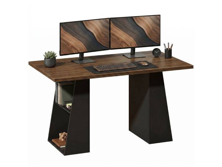 Bureau Informatique Style Industriel avec 4 Étagères Ouvertes - 140 cm - Marron et Noir