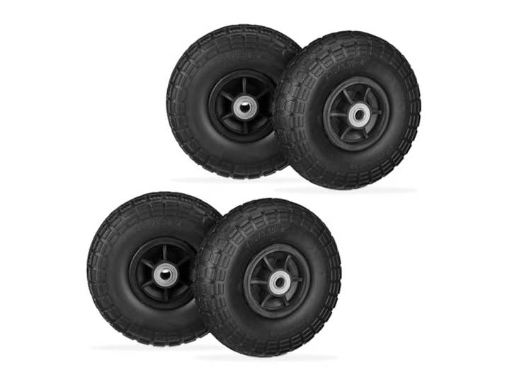 Relaxdays Lot de 4 roues de chariot\, caoutchouc\, 4.10/3.50-4\ \, jantes en plastique\, jusqu’à 150 kg\, 260x85 mm\, noir