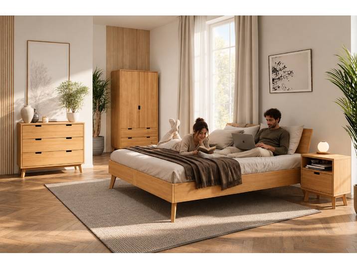 Naturwohnen Schlafzimmer Set aus Massivholz Erle Rivus 1 Bett 2 Nachttische 1 Kommode 1 Schrank mit bioola® nature veredelt