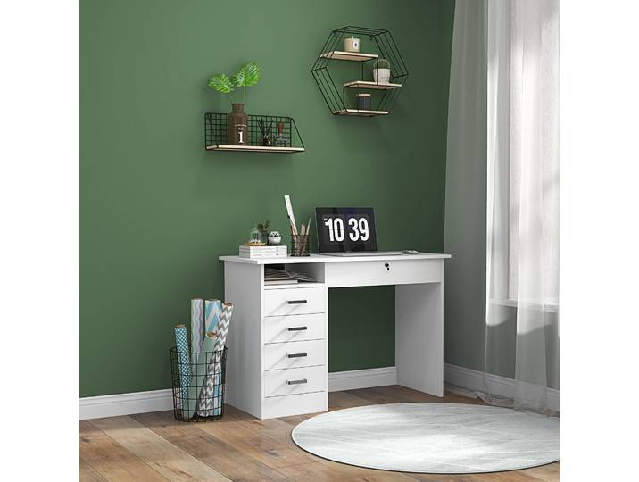 HOMCOM Bureau Moderne 5 Tiroirs Verrouillable 110x50x76cm Blanc