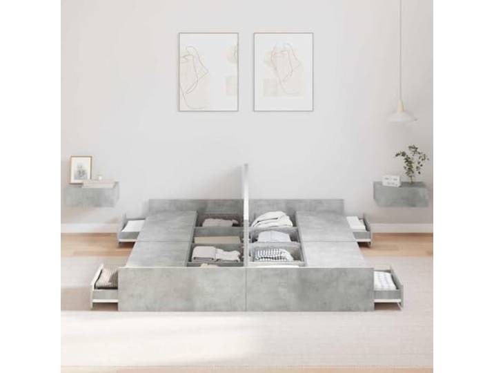 KTHLBRH Boxspringbett Zementgrau 140 x 200 cm 4 integrierte Schubladen, mehrschichtiges Holz, max. 200 kg, einfache Reinigung