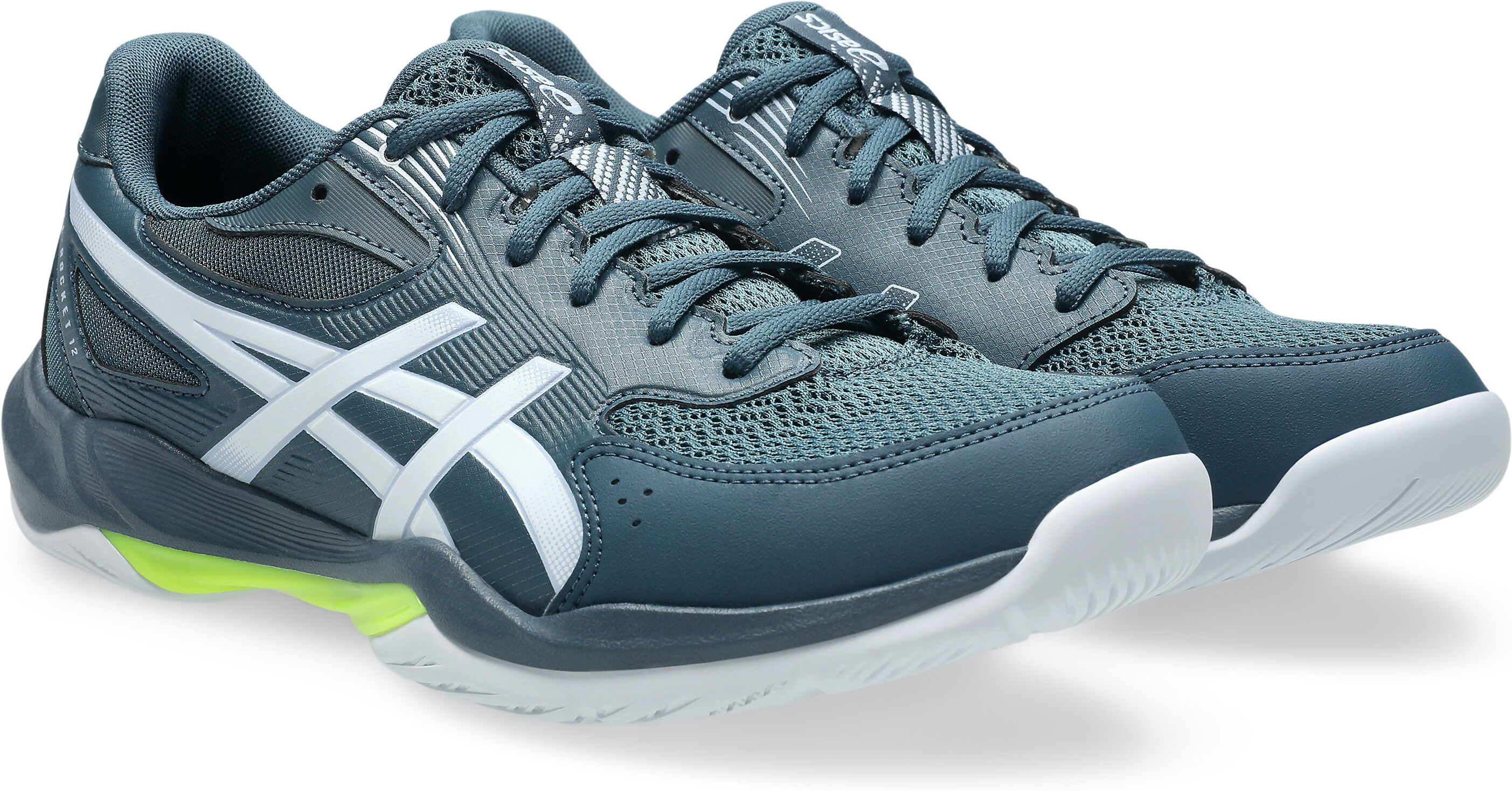 Hallenschuh ASICS "GEL-ROCKET 12", Herren, Gr. 49, blau (raw indigo, weiß), Synthetik, Schuhe Hallenschuh, besonders geeignet für Handball und Volleyball
