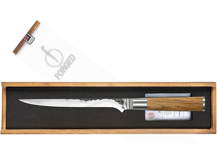 Forged Olive vis fileermes 18cm - Olijfhout - In Houten Giftbox