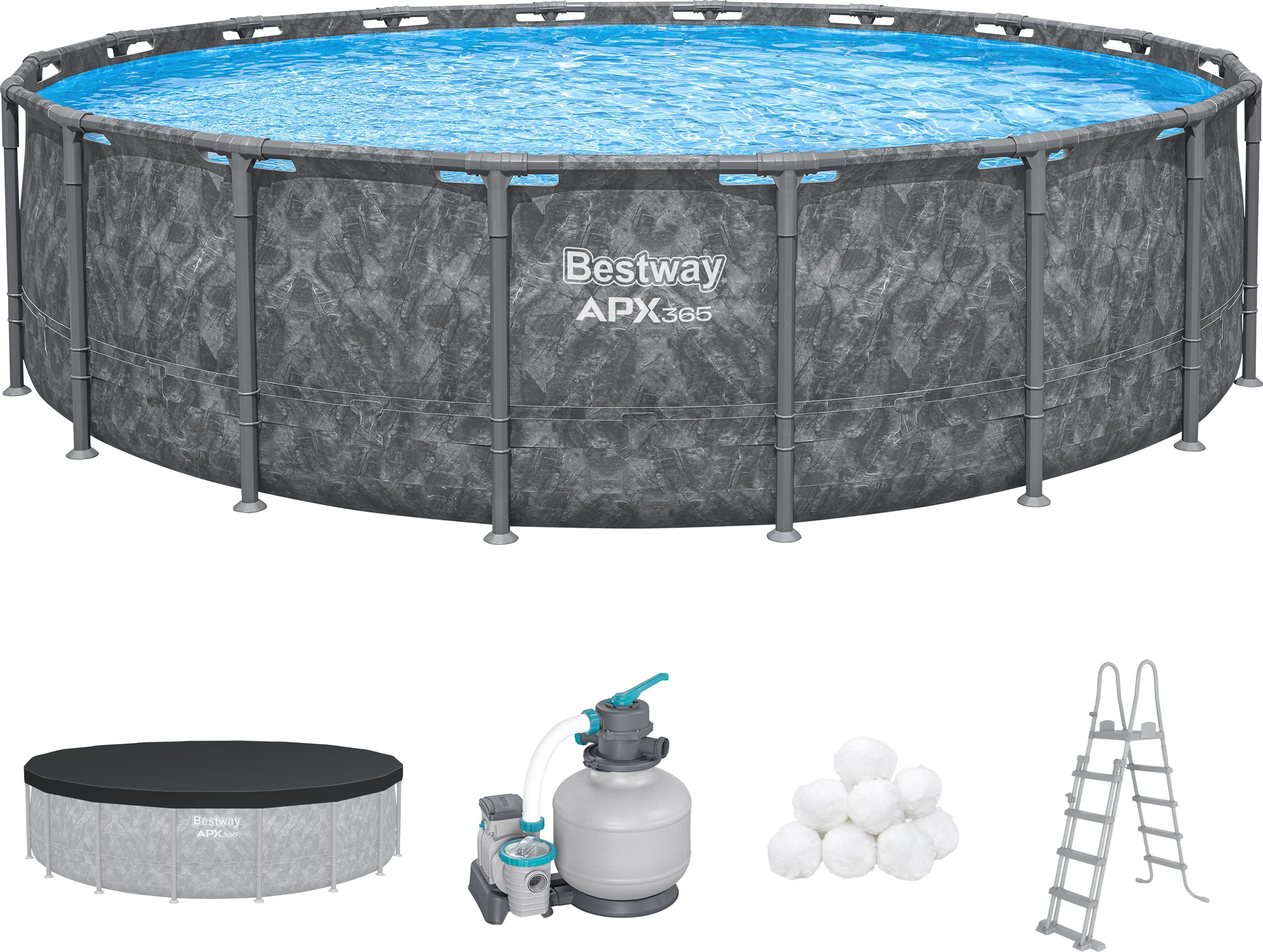 Bestway APX365 Winterfestes Frame Pool Komplett-Set mit Sandfilteranlage Ø 549 x 132 cm, Marmor-Optik (Dunkel), rund