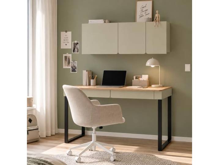 Lomadox Jugendzimmer Set 2-teilig in Grün mit Eiche, Schreibtisch Wandschrank, modern, grifflos, Metallkufen