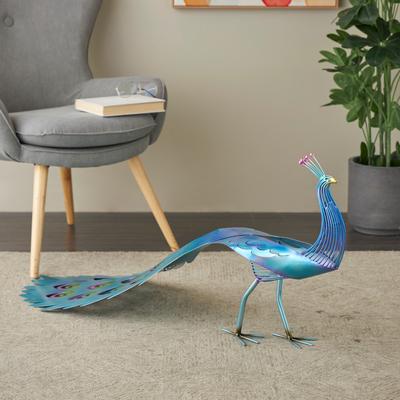 ARCILLA ELEMENTAL Blue Metal Peacock Decorative Garden Sculpture with Open Wire Framed Body and Rainbow Accents