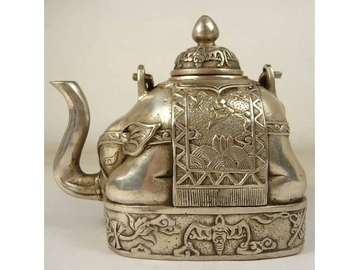 Magnifique théière éléphant tibétaine en argent, chinois
