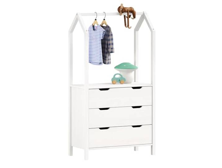 IDIMEX Kinderzimmer Kommode Amira mit Kleiderstange in Hausform - weiß, 3 Schubladen, integrierte Kleiderstange, Stauraum für Kleidung, Spielzeug, Bücher, Kiefernholz