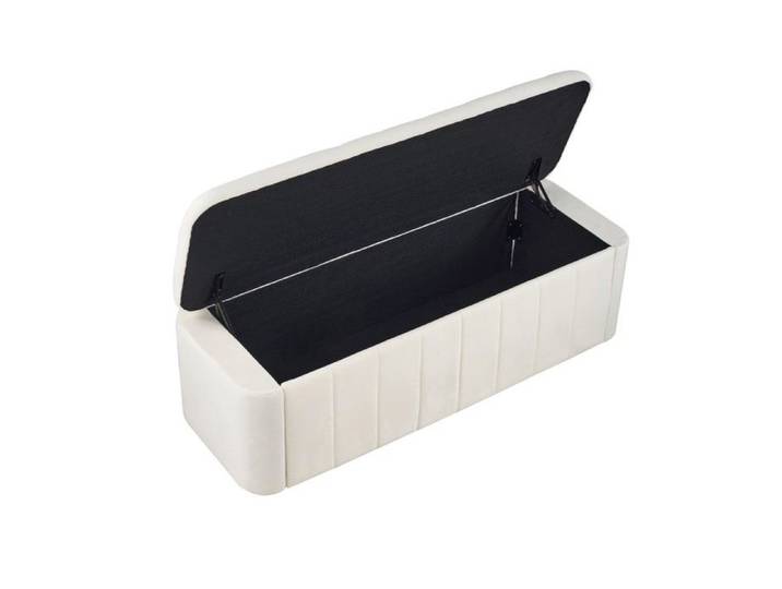 Banquette Velours Beige 132x47.5x44cm Capitonnée Angles Arrondis Coffre Rangement Entrée Chambre Salon Confort Design Moderne